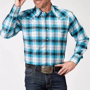 Roper Men's Blue and Turquoise Plaid Western Snap Button Rodeo Cowboy Shirt (XL)